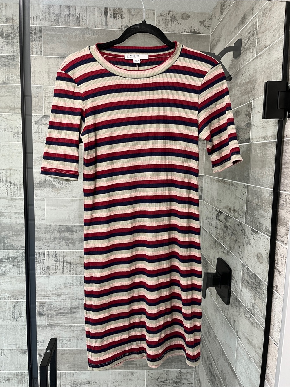 Stateside Striped Ribbed Midi Dress in Cream, Red & Navy